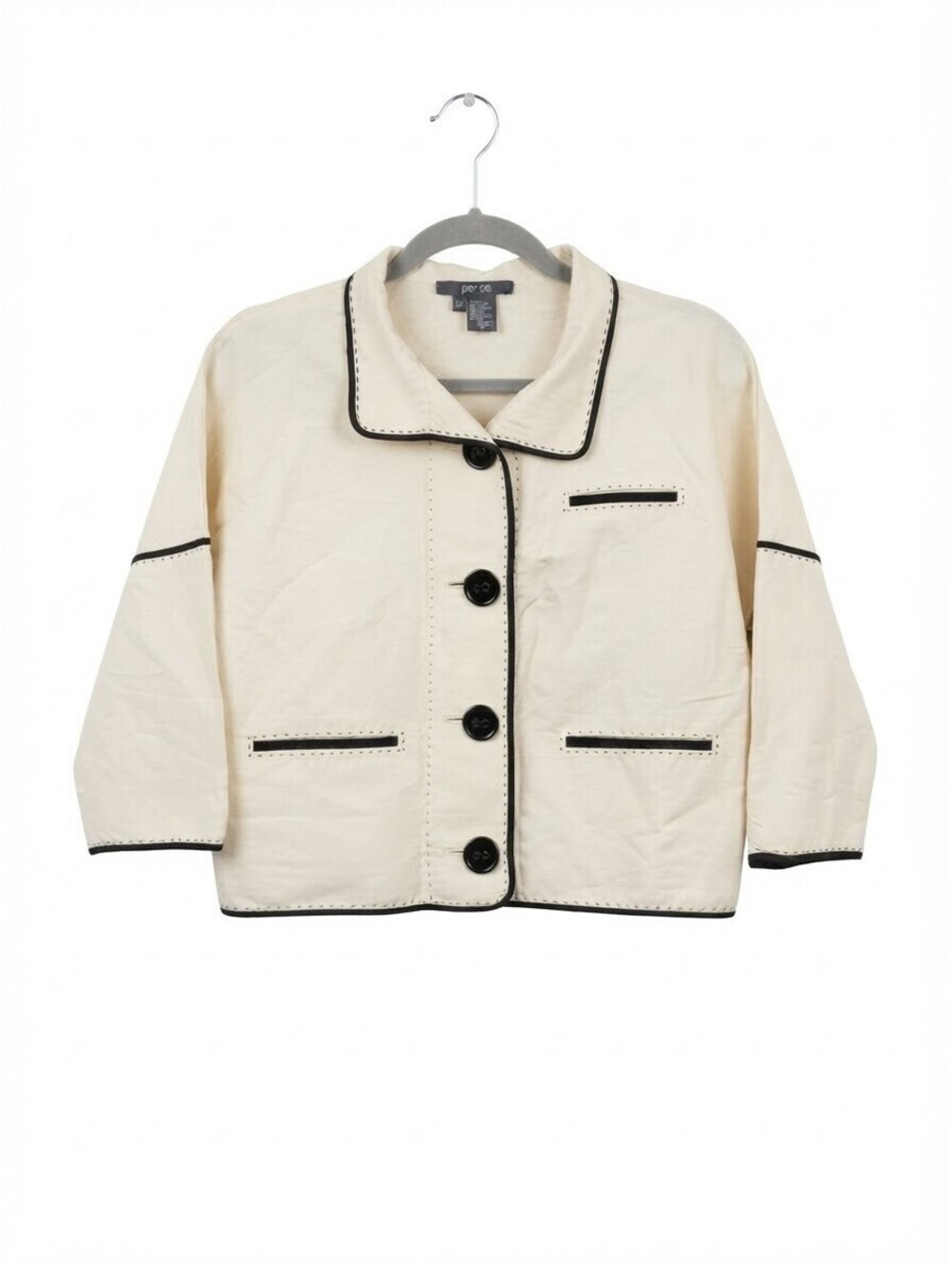 Per Se Cream Linen Blend Cropped Button Jacket Black Trim Sz 8 UK 10